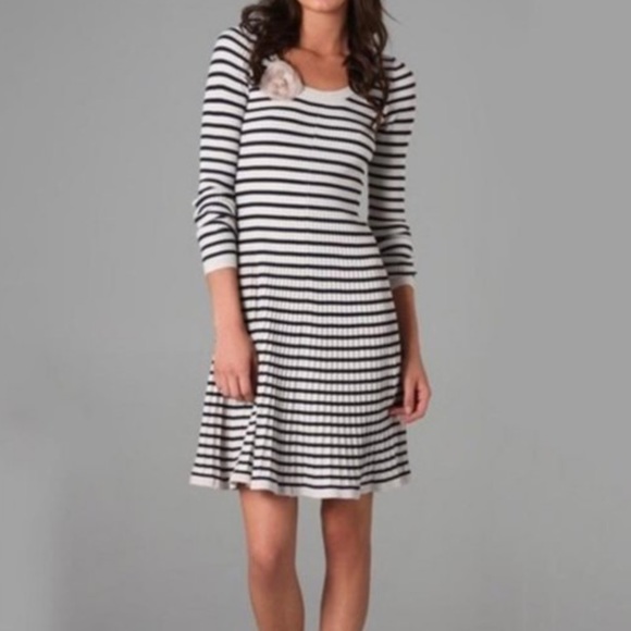 REBECCA TAYLOR white and black knit striped long sleeve knee length midi dress - Picture 8 of 8